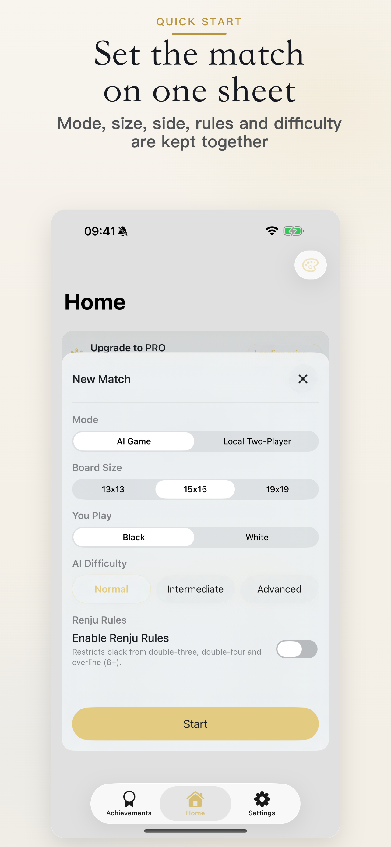 WUZIQI quick start — set mode, size, side and rules in one place