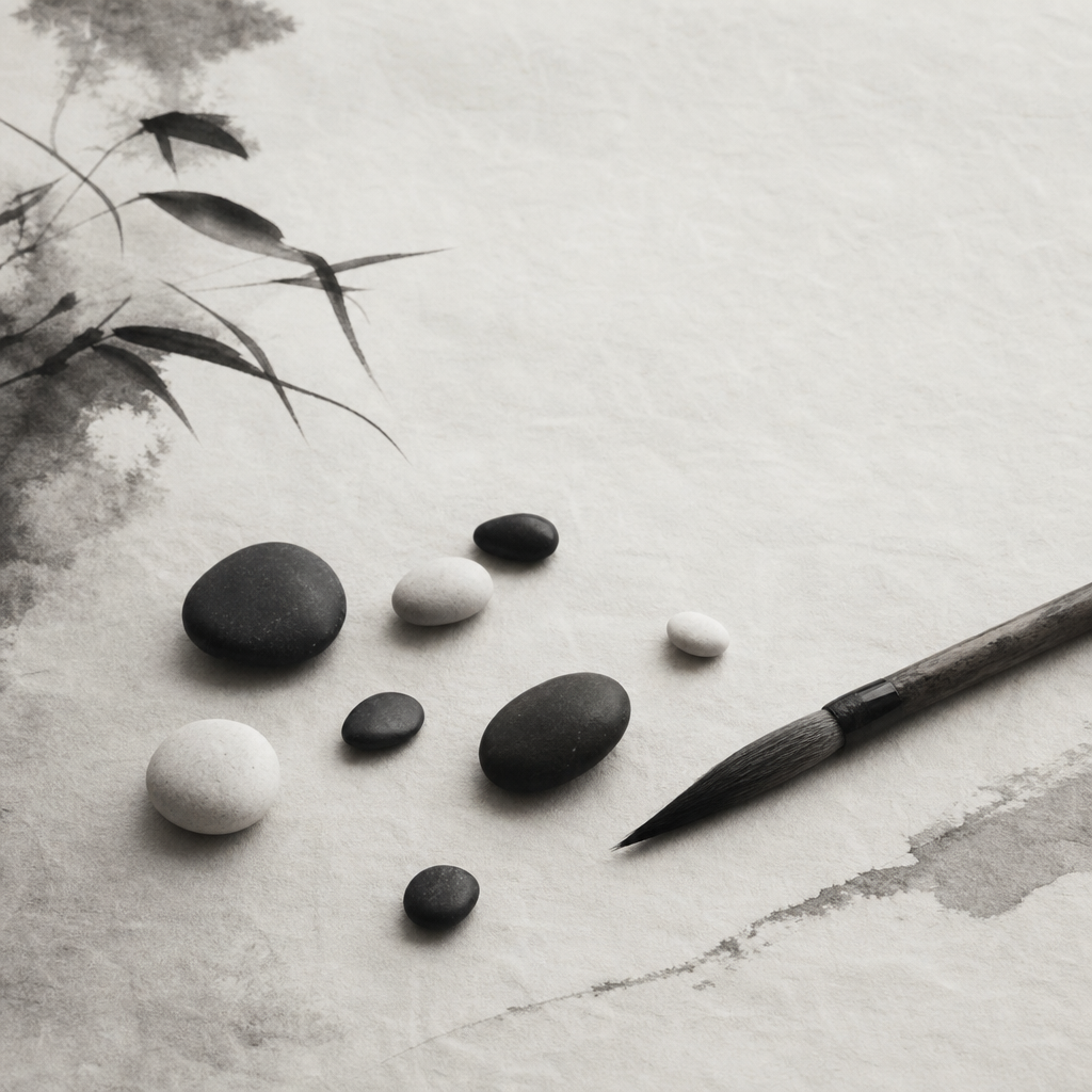 棋盘上的黑白棋子形成一条安静的斜线