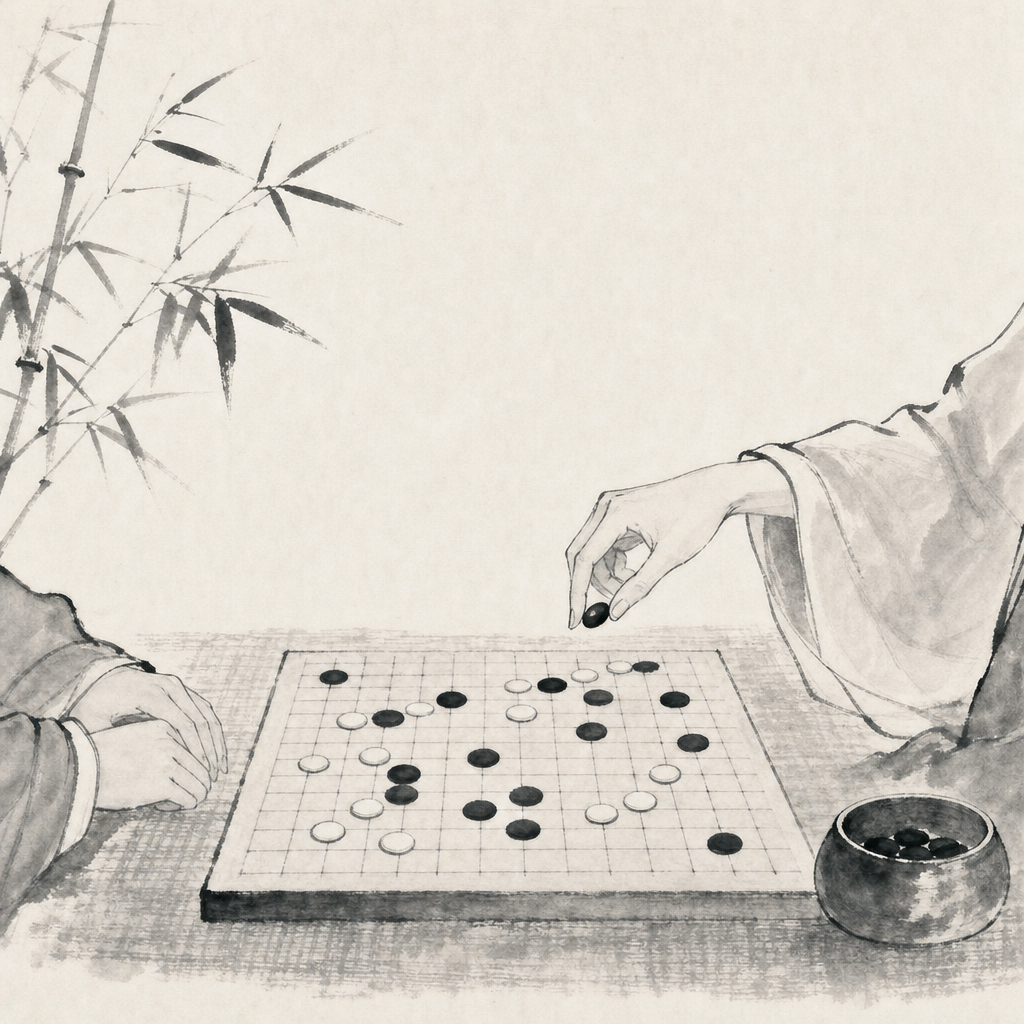 四张并列的五子棋棋盘示意，中央用细线连接成团队节奏