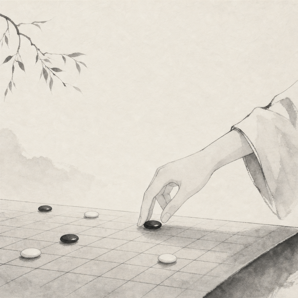 棋盘中央附近的三枚开局棋子示意，表现先手对中心方向的控制