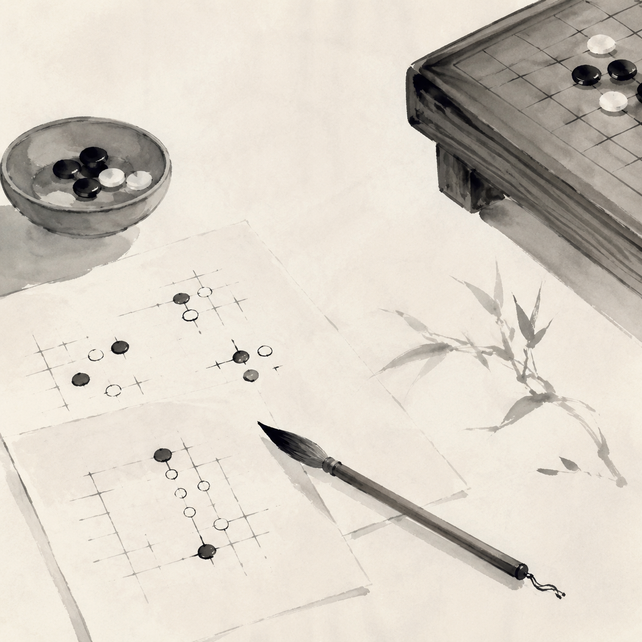 一张安静书桌上的抽象开局草图与木质棋盘边缘