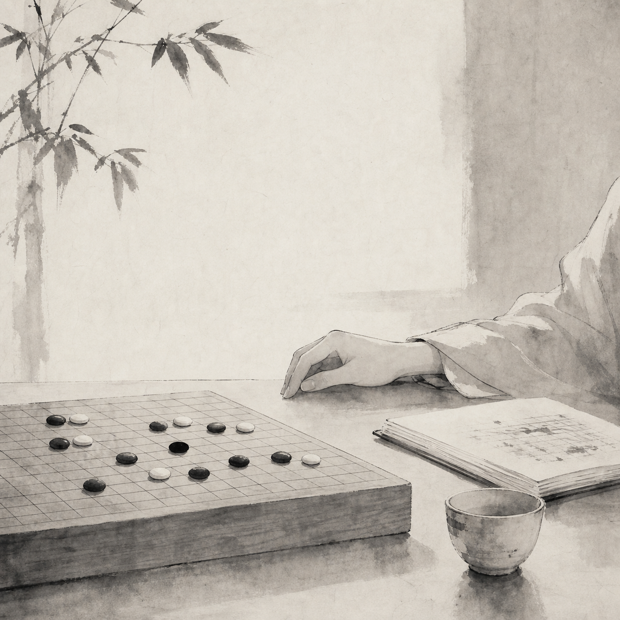 一张克制的线上五子棋棋盘示意图，黑白子落在交叉点上