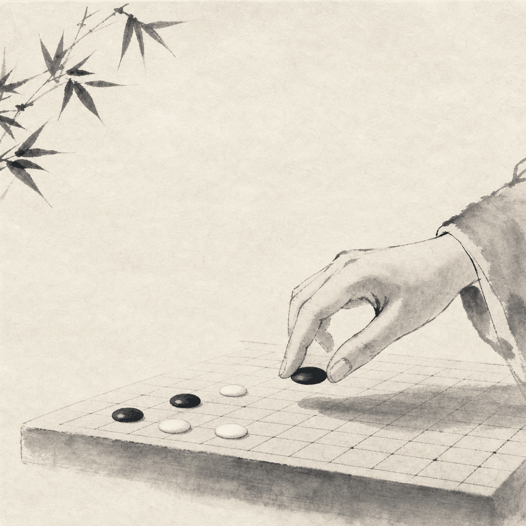 棋盘中央附近的三个候选开局点，以细线标出不同发展方向