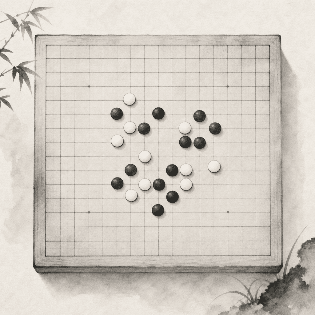 一张现代五子棋棋盘上，中心附近摆出 Taraguchi-10 开局的早期形状