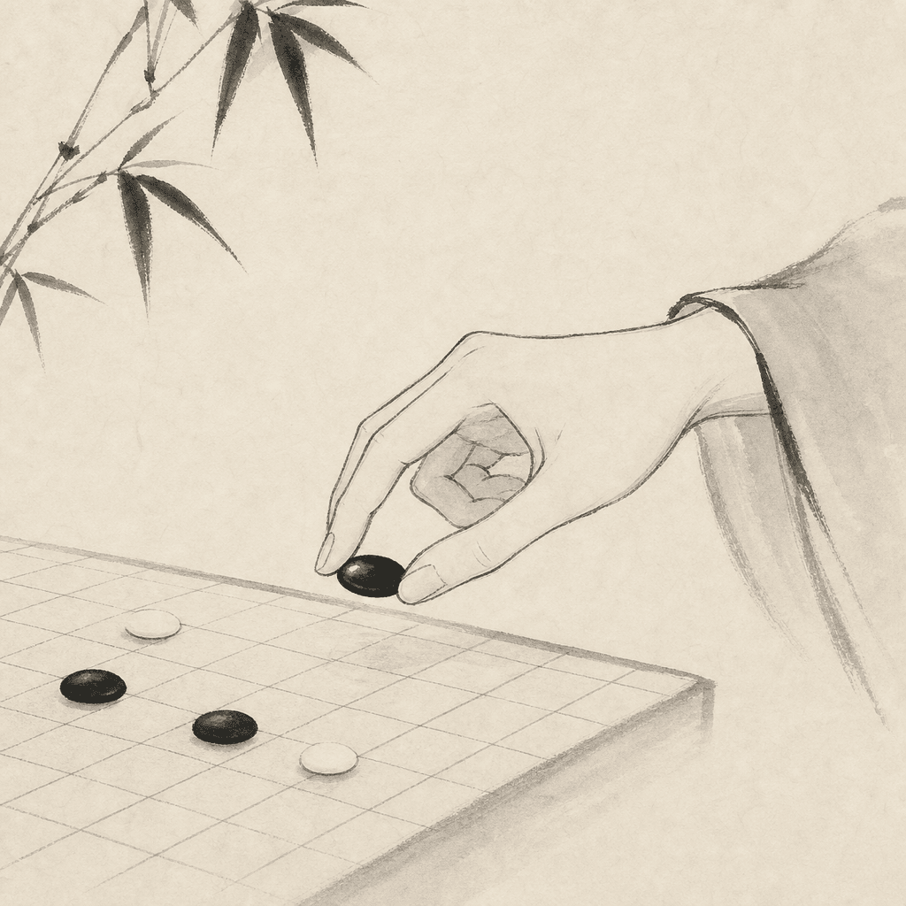 木质棋盘中央附近的松散棋子与留白