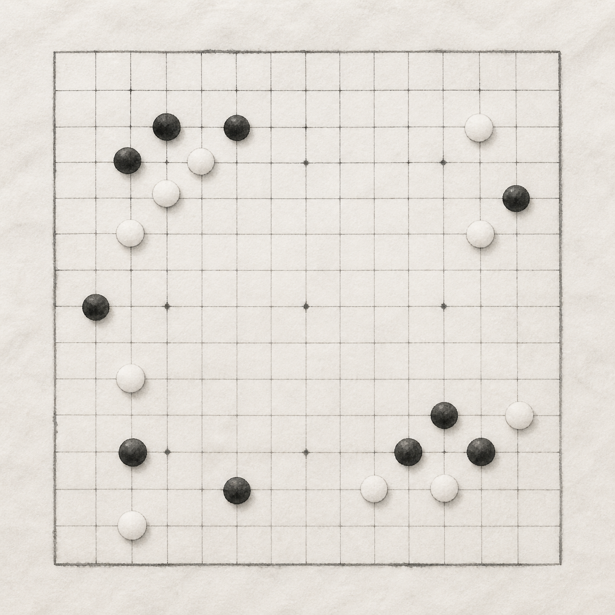 水墨线稿里的交点棋盘：线条先建立秩序，棋子再进入关系。