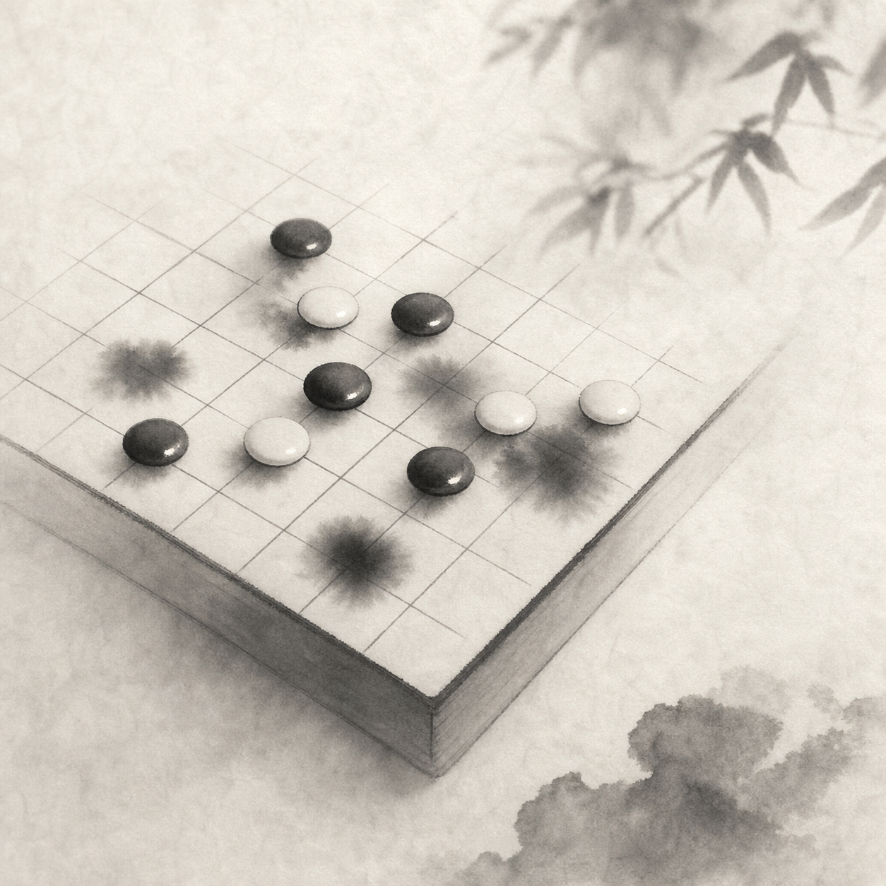 一张抽象连珠棋盘上，若干交点被淡墨圆圈标注，暗示规则中的禁点。