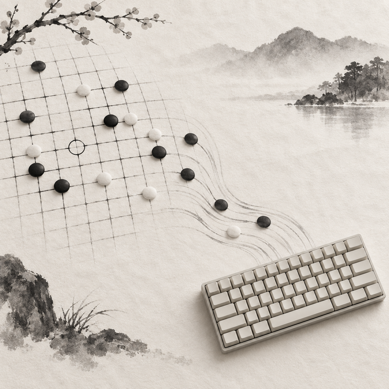 棋盘与无字键盘的水墨构想图；文中讨论交互建议，不代表现有产品功能。