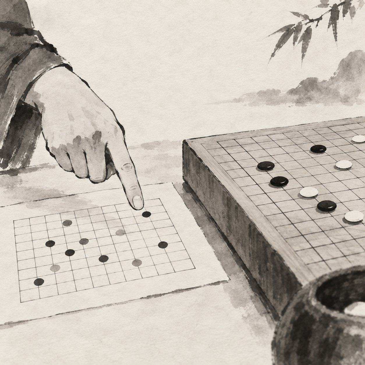 数枚移位棋子旁放着纸质棋谱，裁判正在对照交叉点