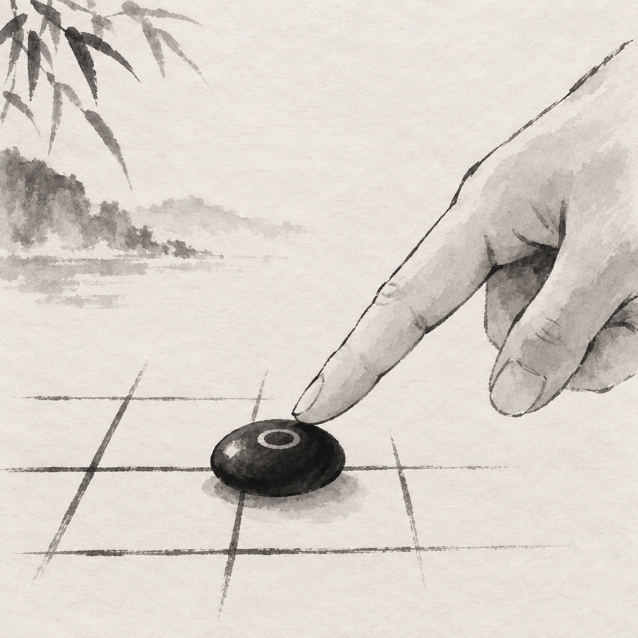 概念水墨插画：手指指向交点上的黑棋子，棋子表面留有空心圆环标记。