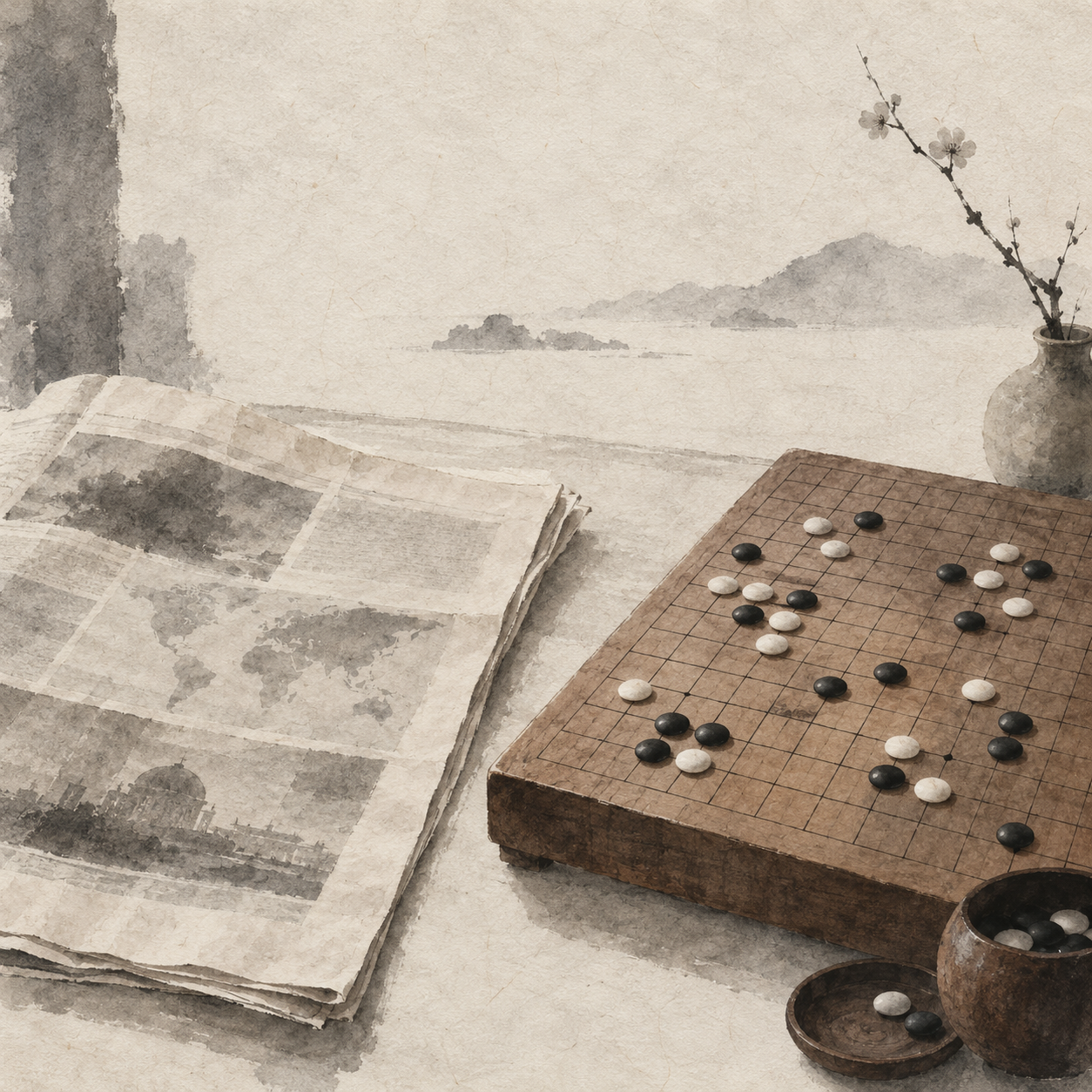旧报纸的一页与棋盘并置：规则与组织都写在纸面上。
