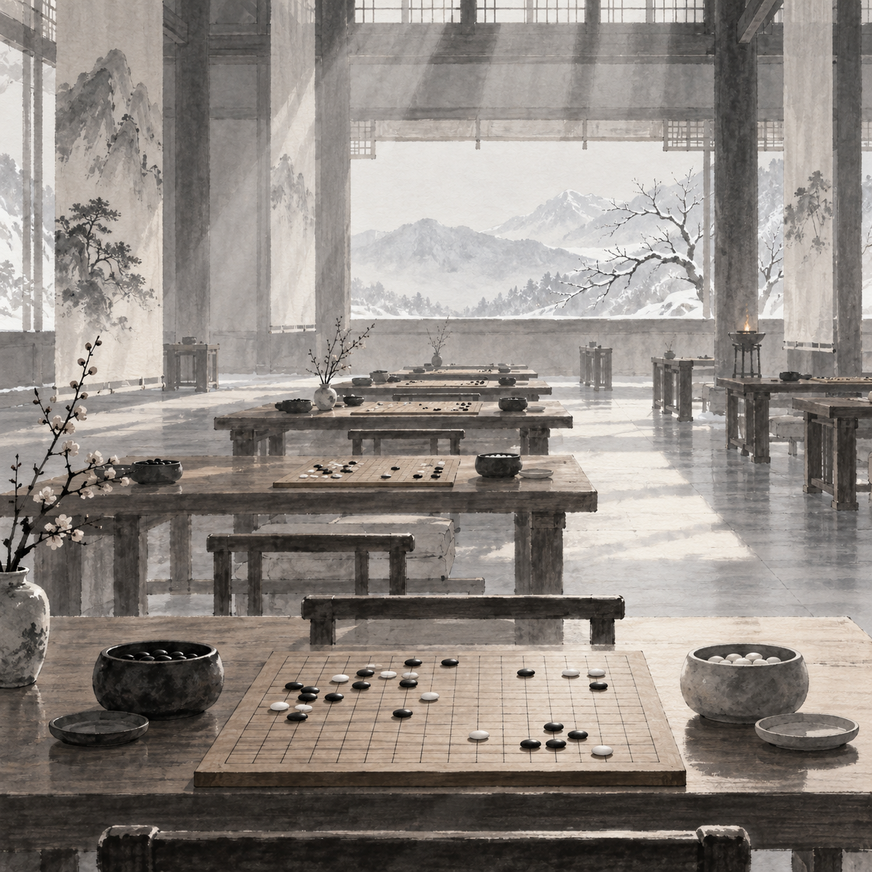 冬日光线下的塔林赛场：第四届纪念赛的棋桌。