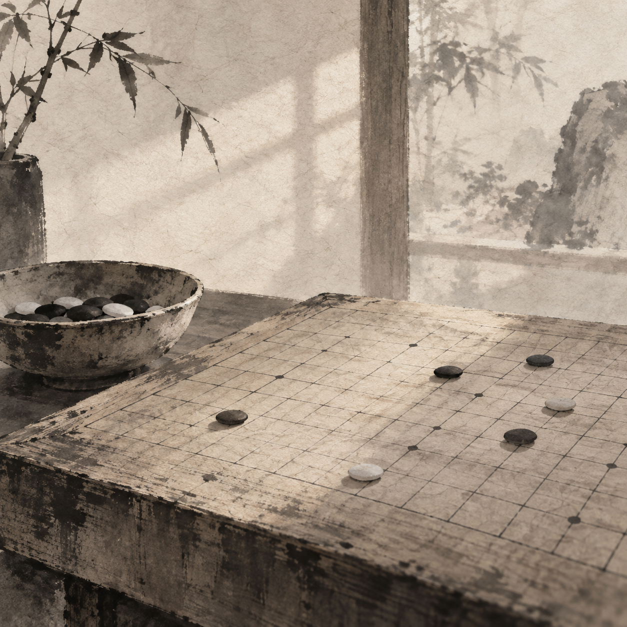 窗边光线照在一张旧连珠棋盘上，画面聚焦棋盘表面。