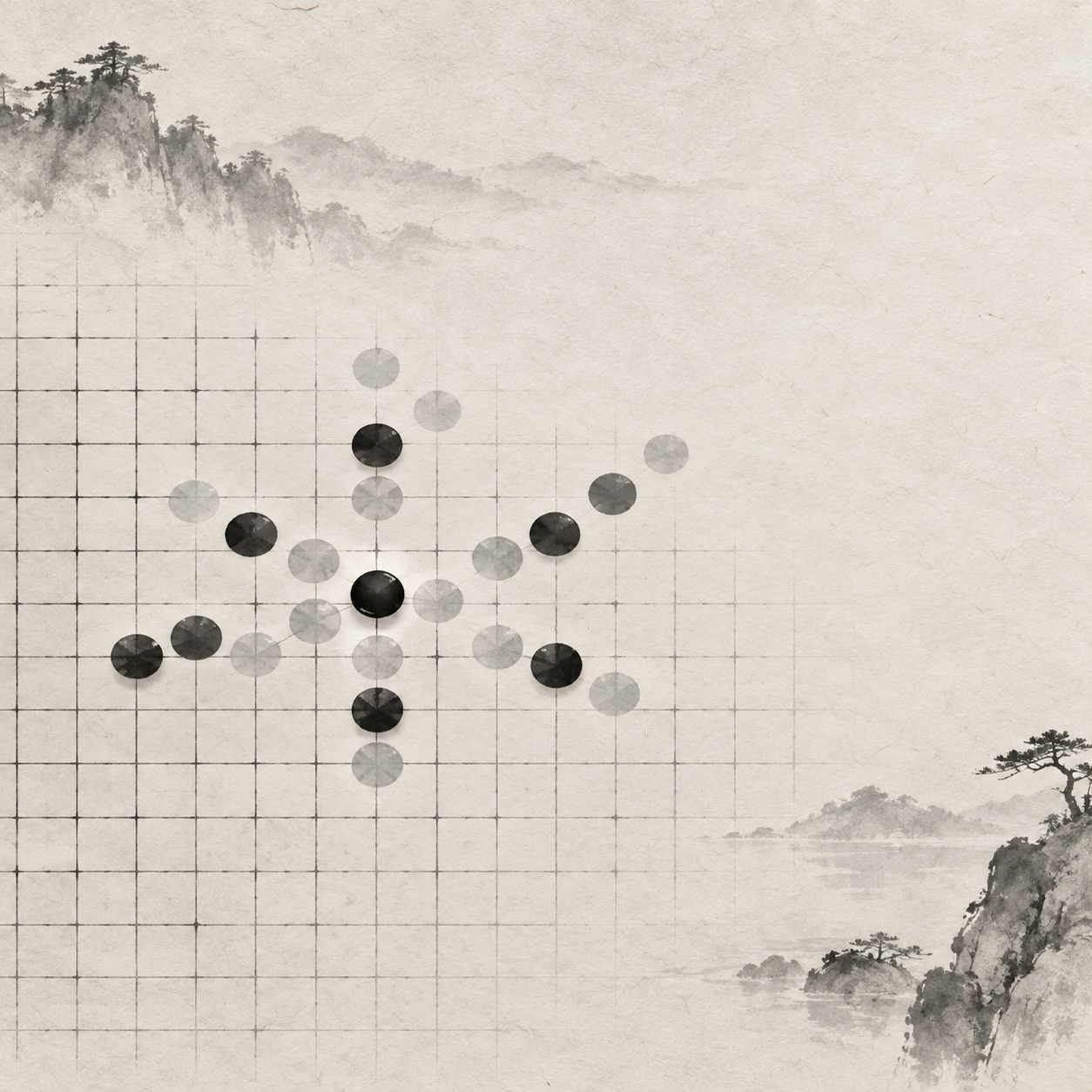 水墨棋盘习作：中央棋子交出错落的方向，边缘留白，画面没有文字或标注。