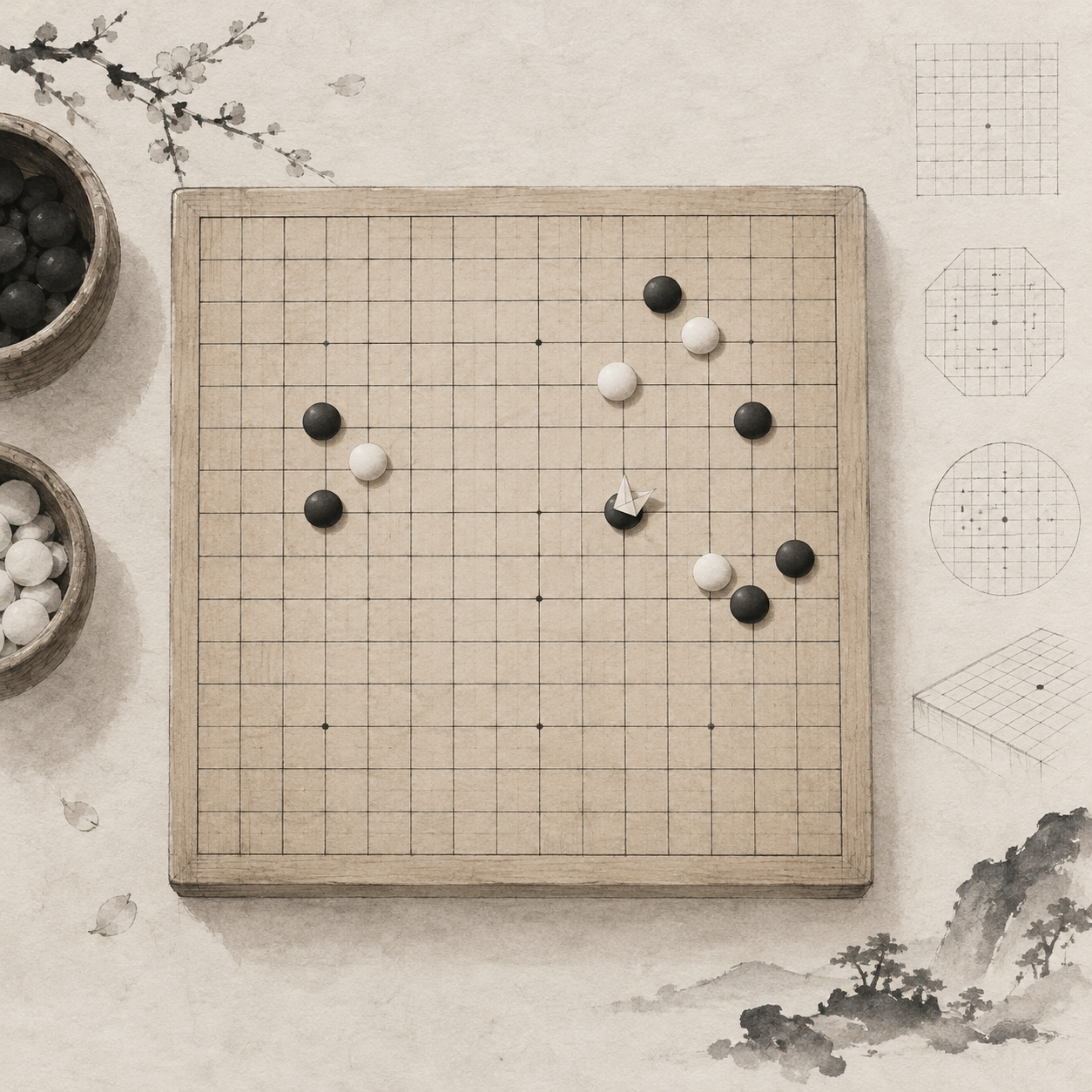 俯视棋盘：一枚折纸标记落在最新一手旁。