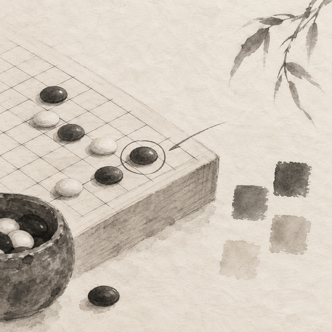 一张局部五子棋棋盘示意图，最新落下的棋子边缘有小型标记，周围棋子的颜色和交叉点仍清楚可见。