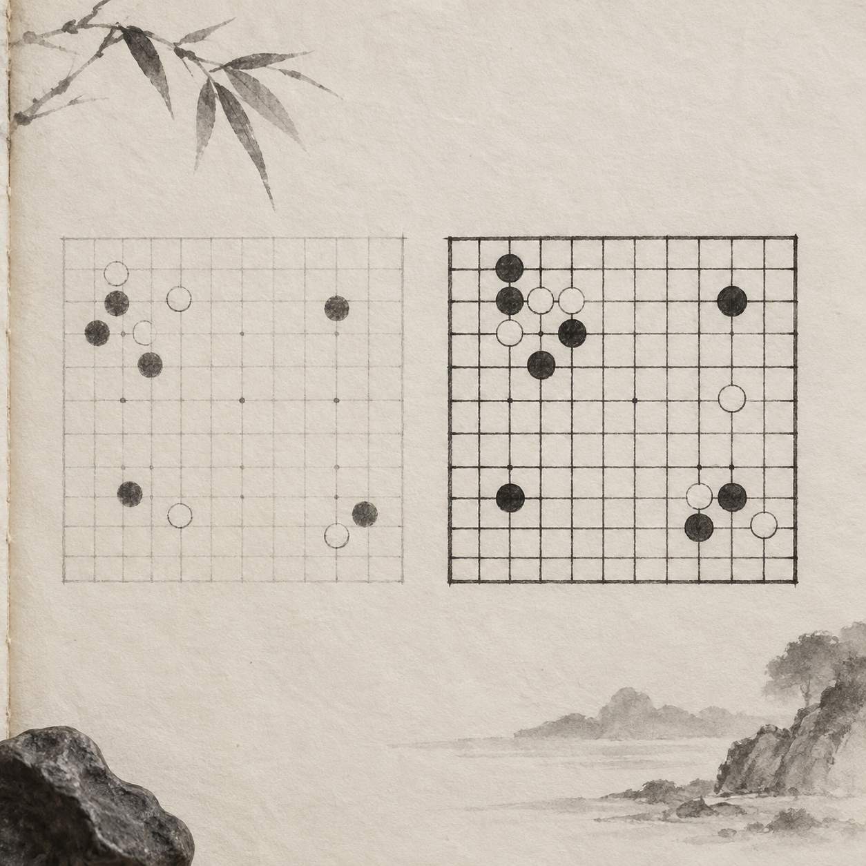 同一组棋子在深色格线与浅色格线上的对照示意；浅色格线仍可辨认交叉点，棋子的排列更突出