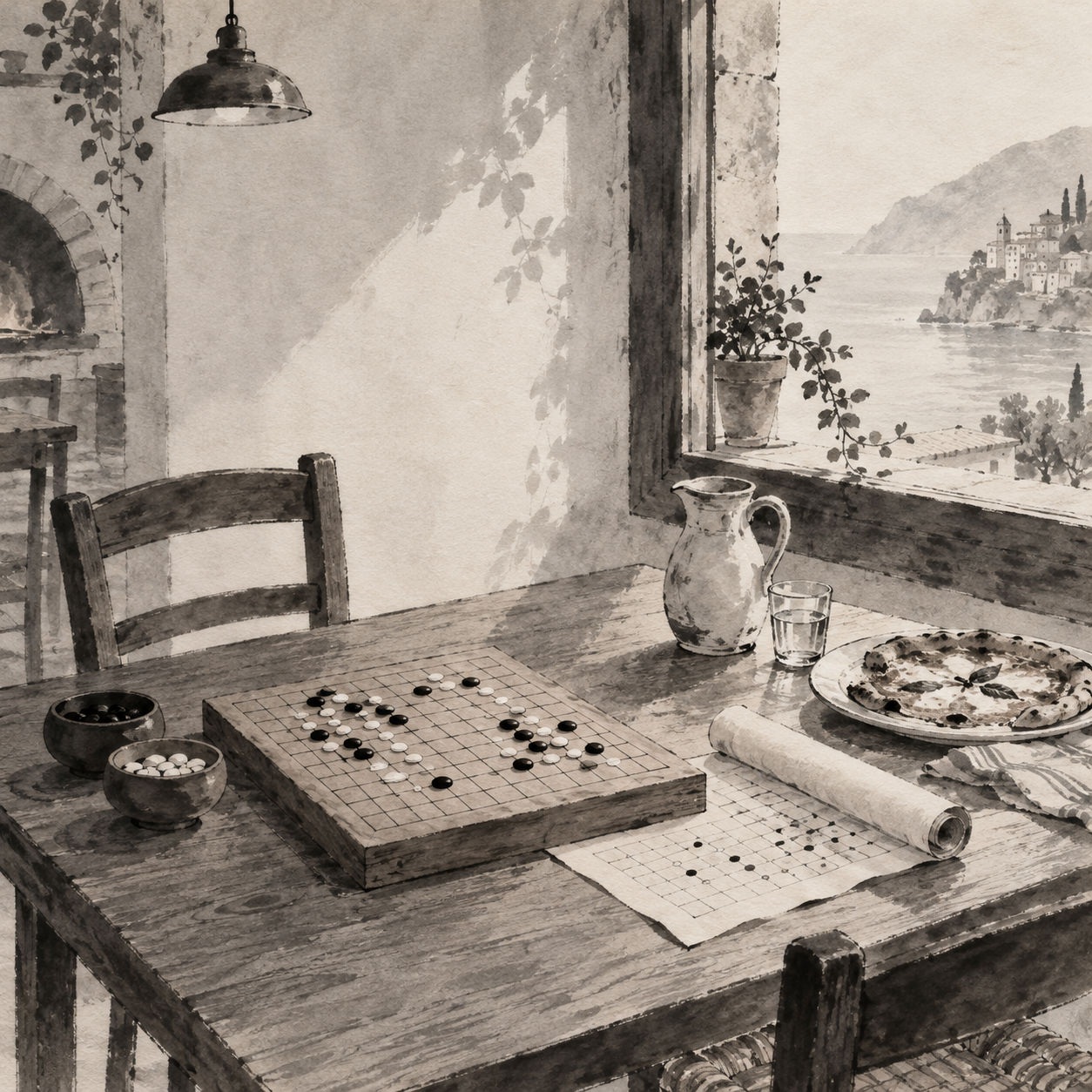 水墨画中，木棋盘与卷起的棋纸正收进行李箱；左侧是茶席，右侧是客厅窗外的城市。
