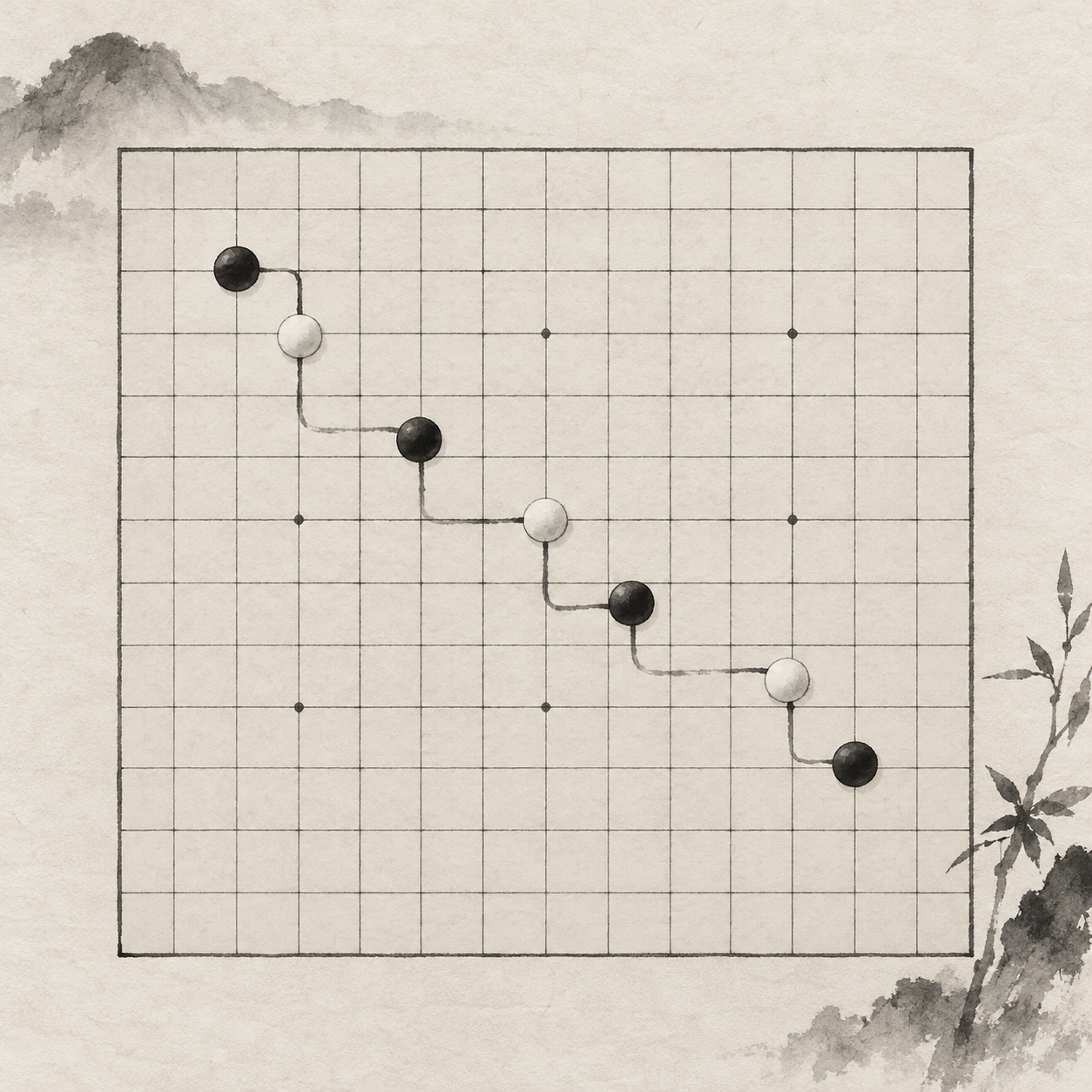 零散的棋子被一条细墨线依次串起，像一条逐步推进的威胁路线。