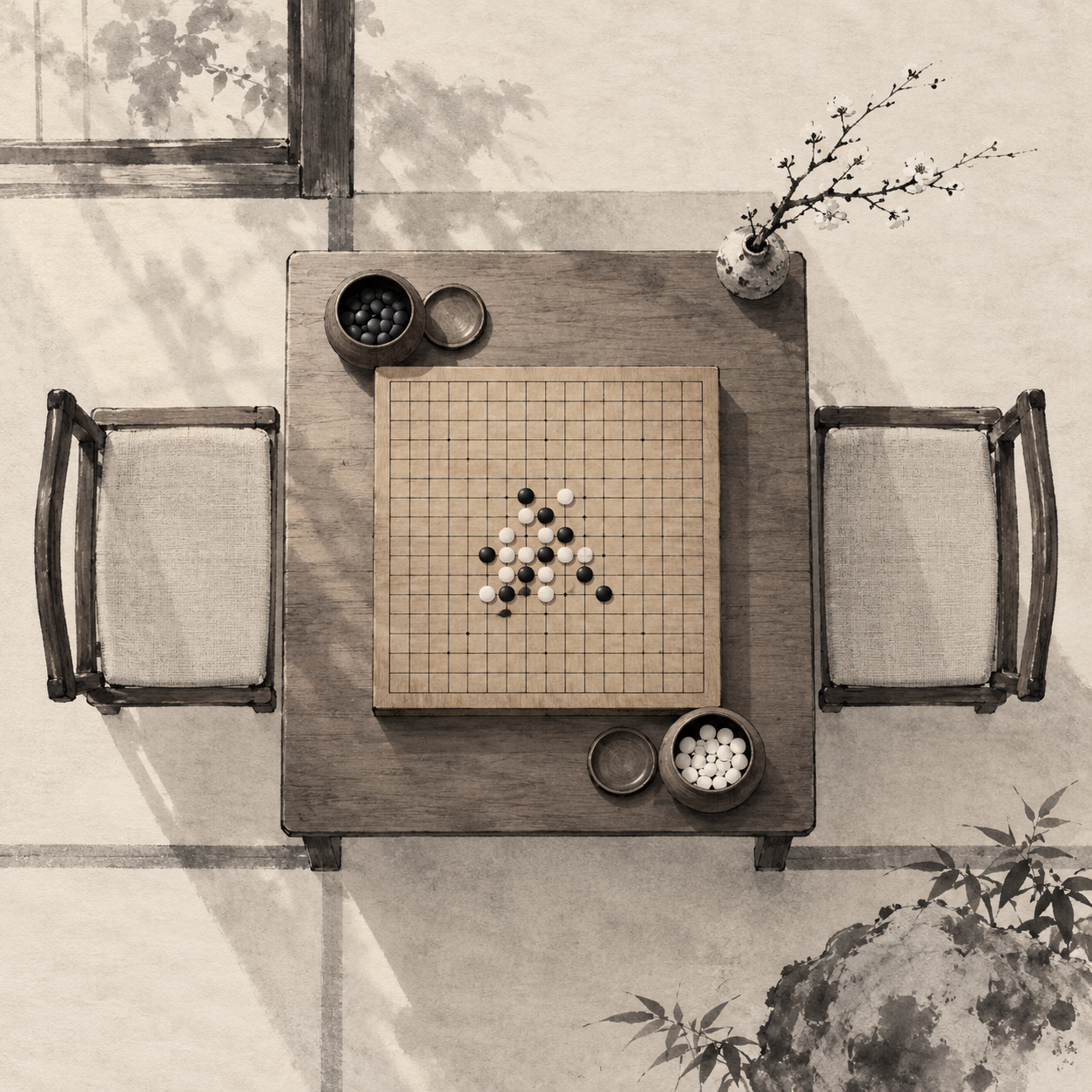 俯视的五子棋棋盘与棋碗：银湖这个周末的棋局还在继续。