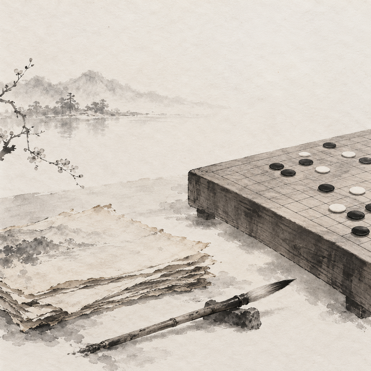 五子棋棋盘与黑白棋子示意